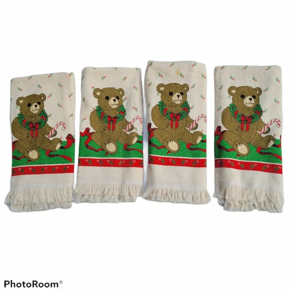 Cannon Dish Towels Vintage Christmas Wreath Bears Candy Canes USA Set 4 Kitchen